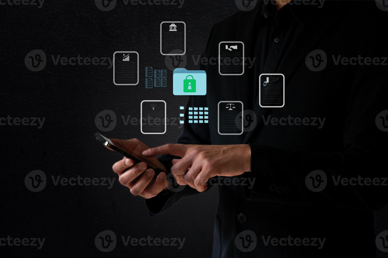 The business man work with laptop seek data folder are locking icon floating on screen photo