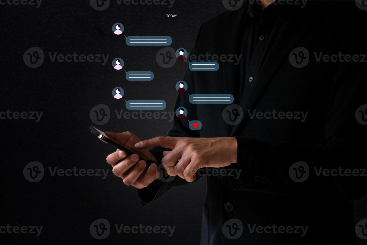 The Business man work with smartphone talk to friends with chat application photo