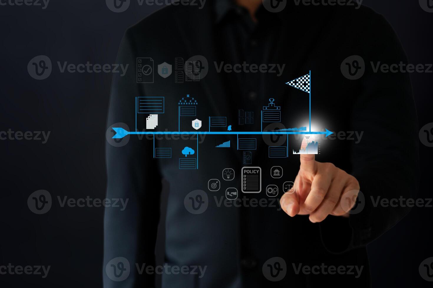 The Business man use finger point to timeline and target goal floating on screen photo