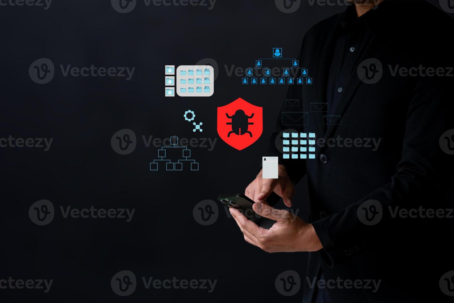 The Business man work with smartphone seek data folder are attack from malware virus photo