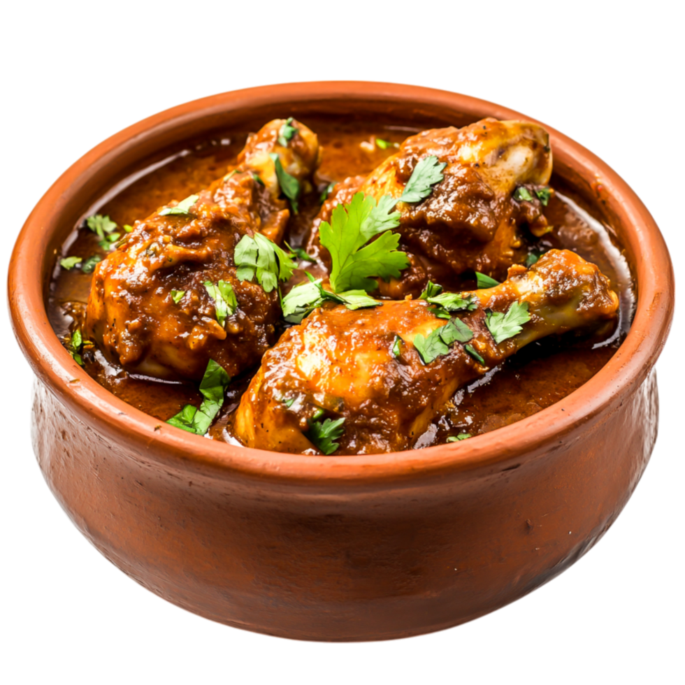 Spicy Chicken Drumsticks in Rich Gravy Served in Rustic Clay Bowl with Fresh Herbs png