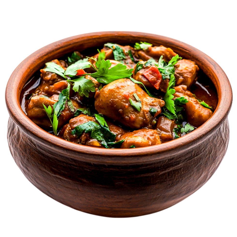 Delicious chicken curry served in traditional clay pot with fresh coriander garnish png