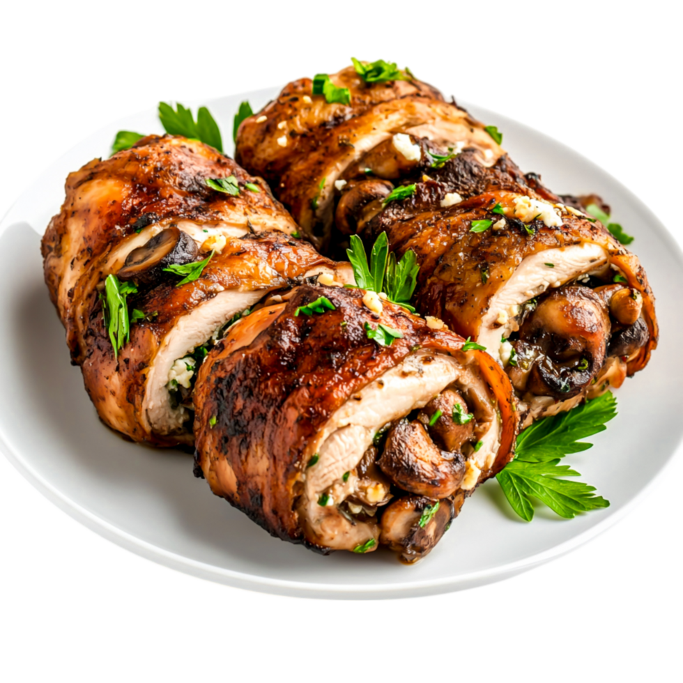 Juicy Chicken Rolls Stuffed with Spinach and Mushrooms White Plate png