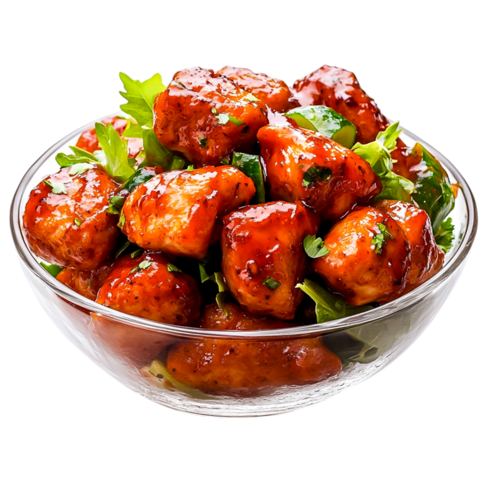 Delicious Sweet and Sour Chicken Dish Served in a Clear Glass Bowl png