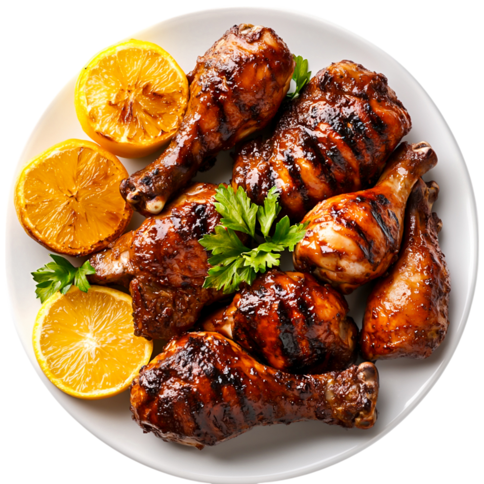 Juicy Grilled Chicken Drumsticks Served with Fresh Lemnd Green Herbs png