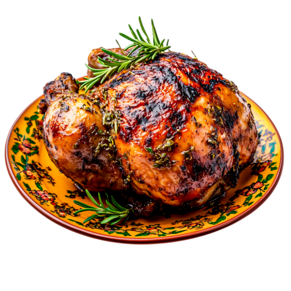 Juicy Grilled Chicken Served on Ornate Plate with Fresh Herbs and Rosemary Garnish png