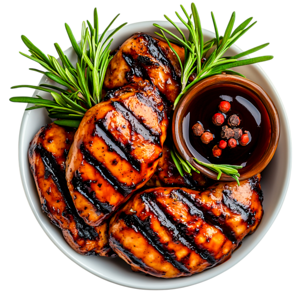 Grilled Chicken Breasts Served with Fresh Herbs and Spicy Sauce in a Bowl png
