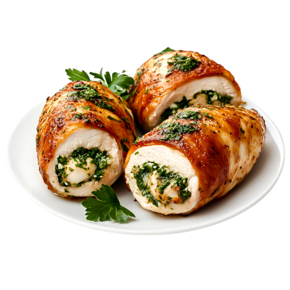 Savory Chicken Breast Rolls Stuffed with Green Herbs White Plate png