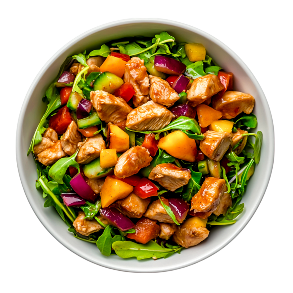 Fresh Chicken Salad with Colorful Vegetables and Healthy Greens in White Bowl png