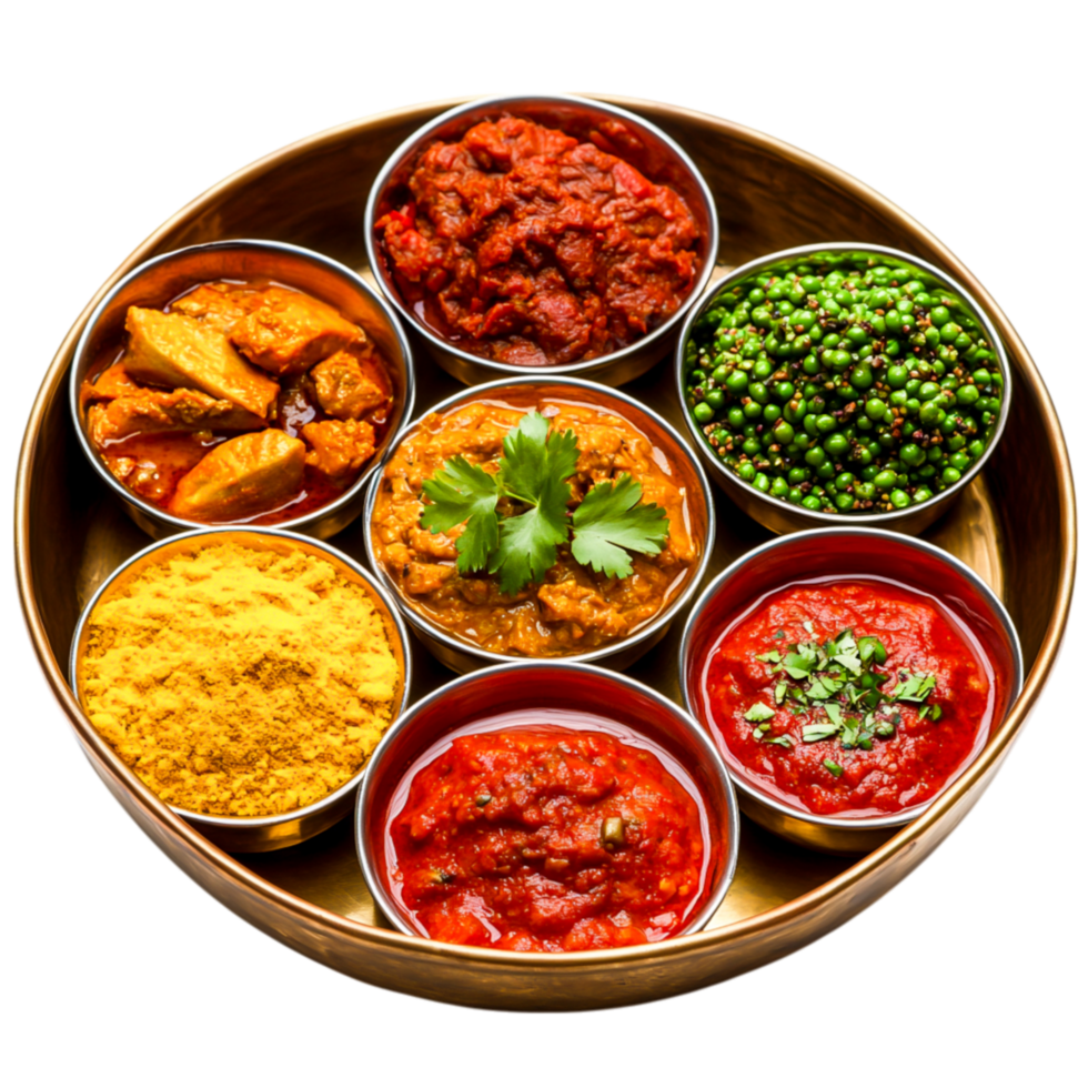 Colorful Selection of Indian Spices and Sauces in Traditional Serving Dish png