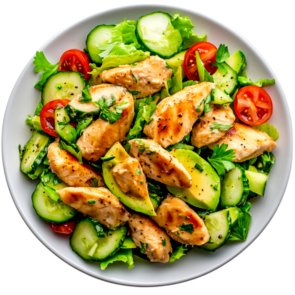 Healthy Grilled Chicken Salad with Fresh Vegetables and Colorful Garnishes png