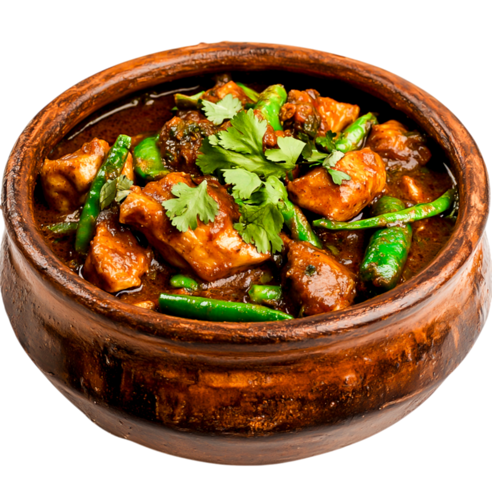 Spicy Chicken Curry with Fresh Herbs and Green Peppers in a Rustic Bowl png