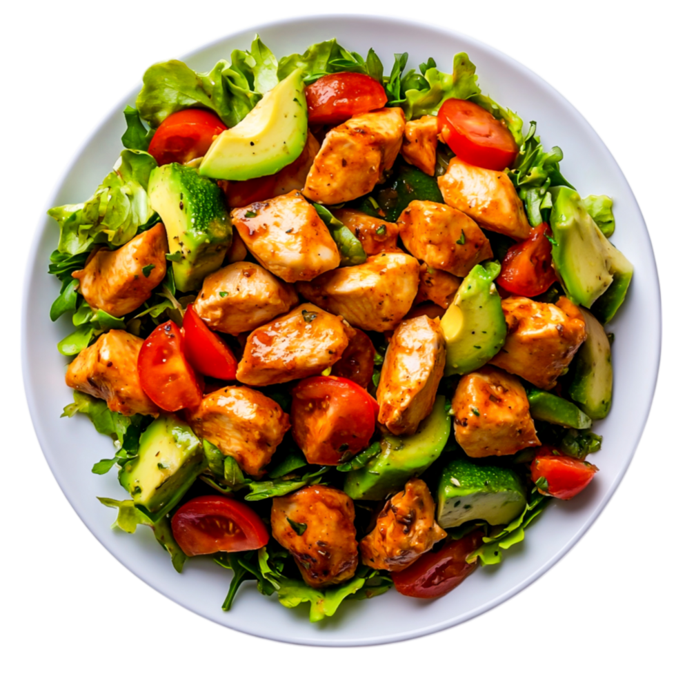 Fresh Grilled Chicken Salad with Colorful Vegetables and Herbs White Plate png