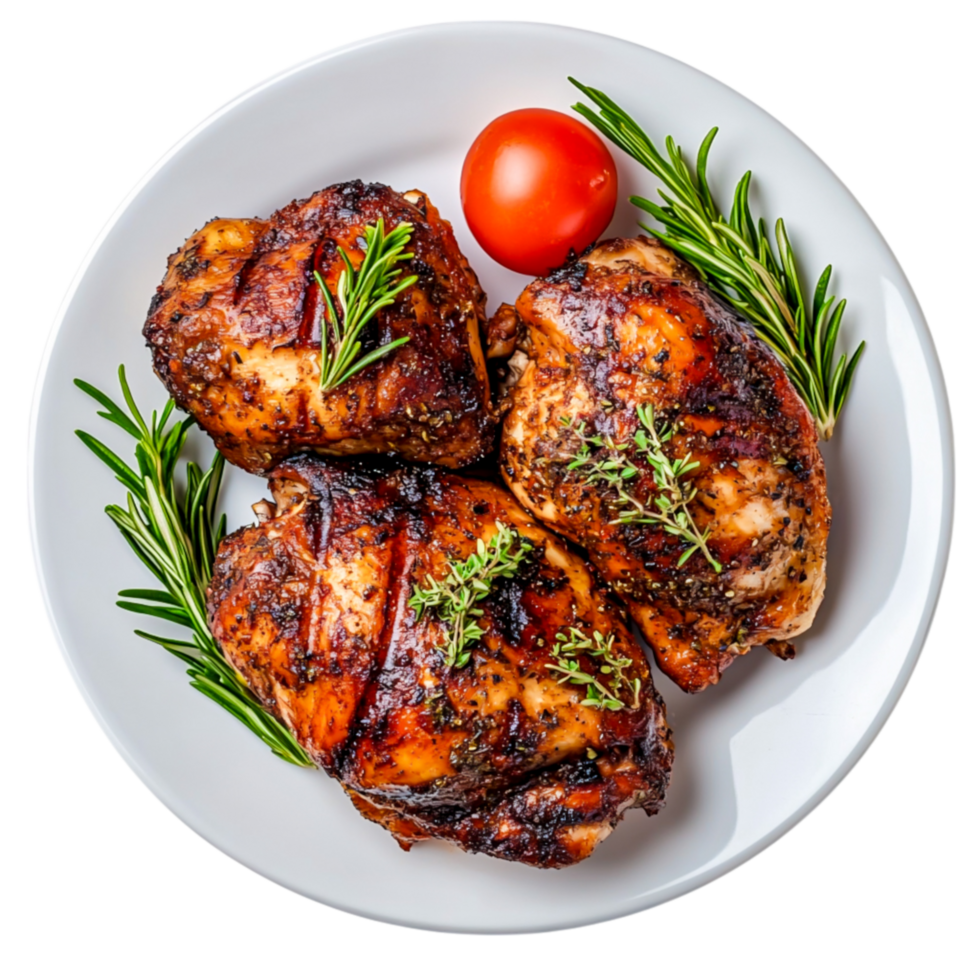 Grilled Chicken Thighs Garnished with Fresh Herbs and Cherry Tomato on White Plate png