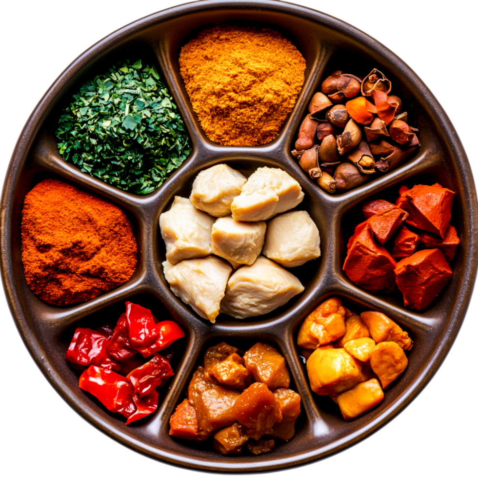 Colorful Assortment of Spices and Ingredients in a Round Plate for Culinary Arts png