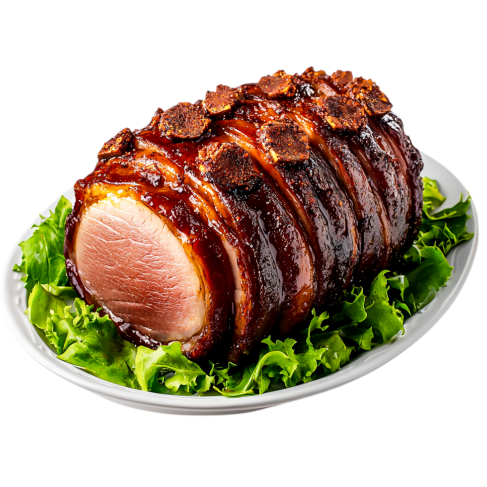 Savory Glazed Pork Roast on Fresh Green Lettuce Displayed on White Plate png