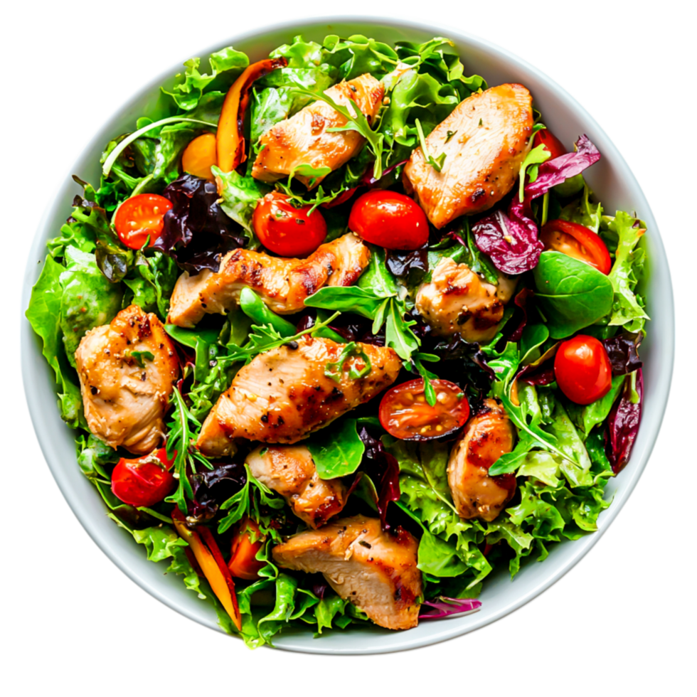 Fresh Grilled Chicken Salad with Cherry Tomatoes and Mixed Greens on White Bowl png