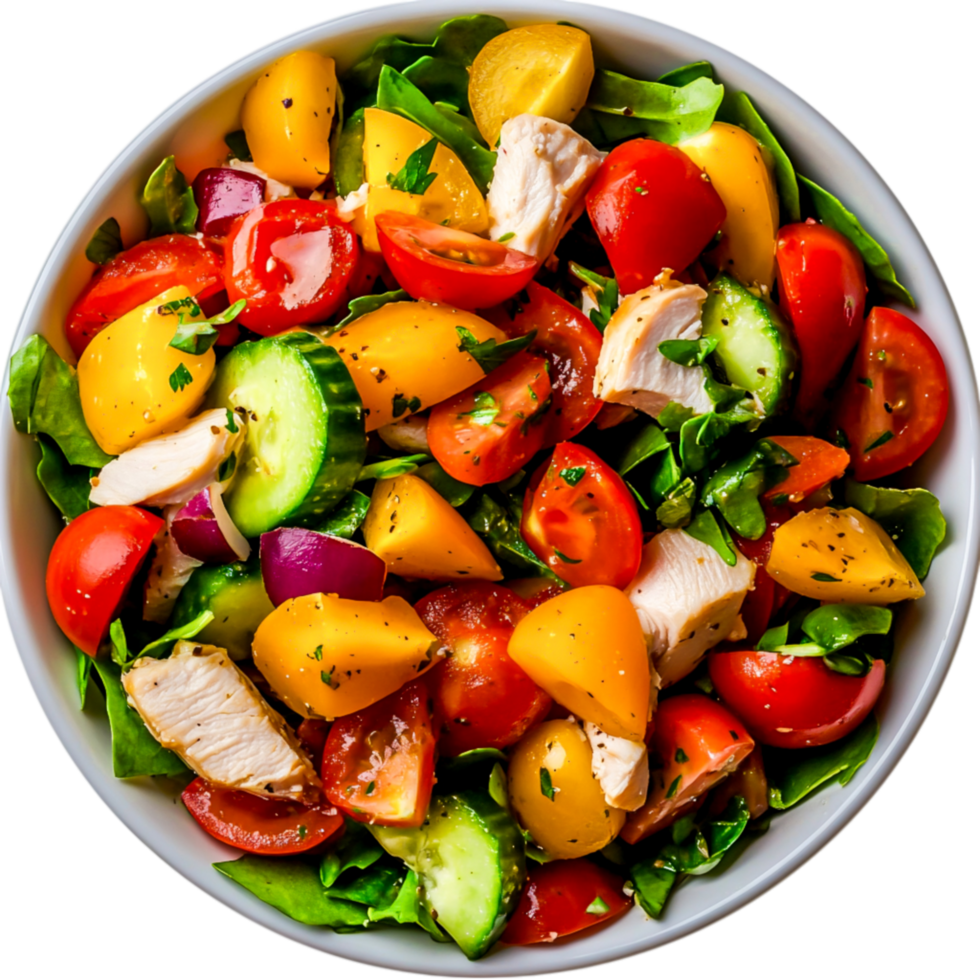 Fresh and Colorful Salad with Cherry Tomatoes and Grilled Chicken on Greens png