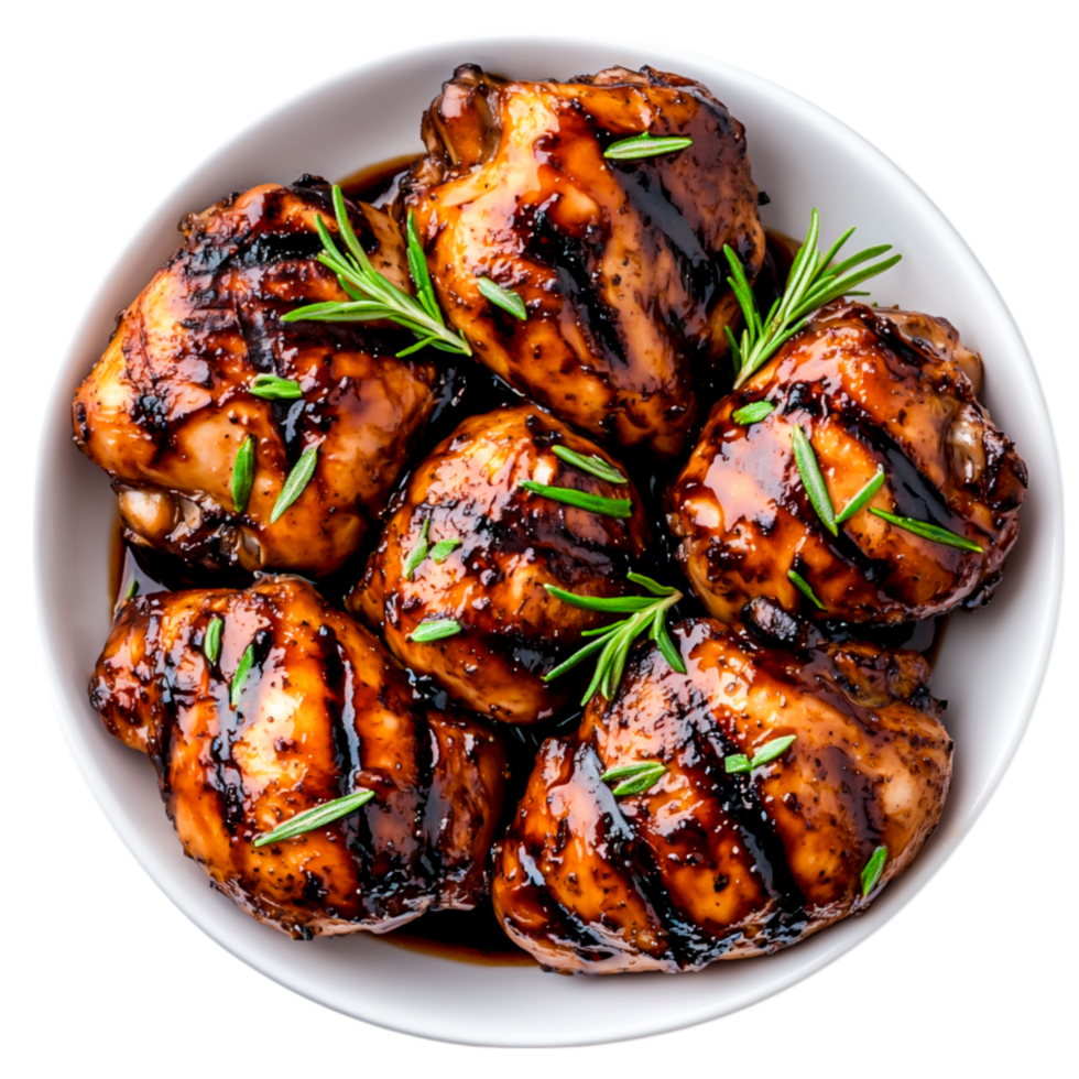 Grilled Chicken Thighs Glazed with Sweet Soy Sauce and Fresh Herbs on a White Plate png