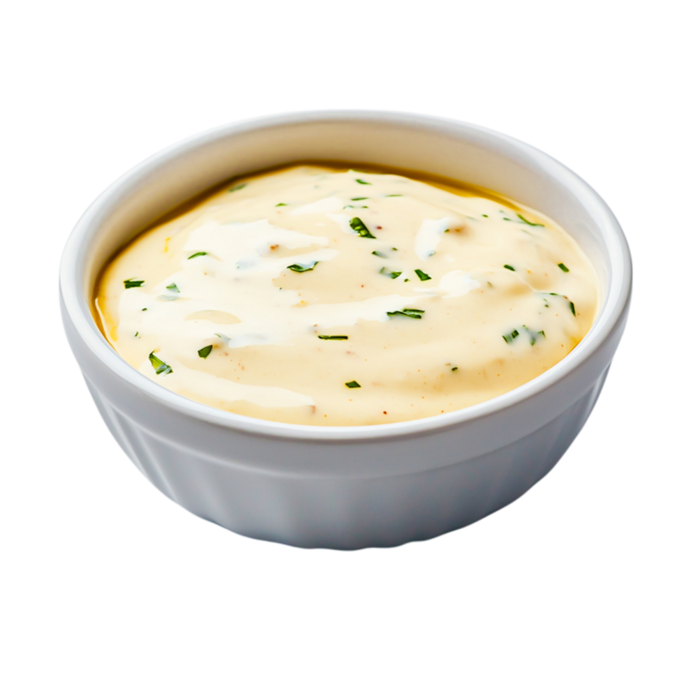 Creamy Homemade Sauce with Fresh Chives in a White Bowl Against a Neutral Background png