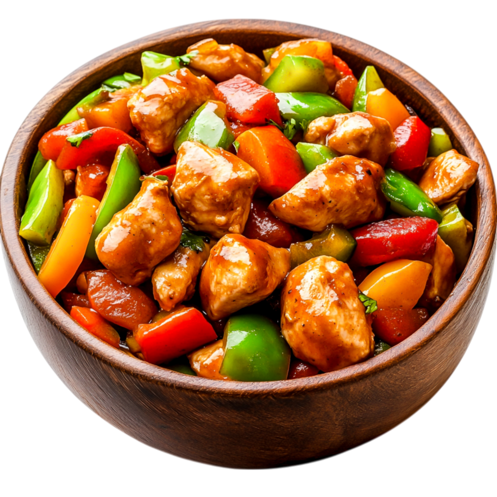 Colorful Chicken Stir-Fry with Fresh Vegetables in a Wooden Bowl png