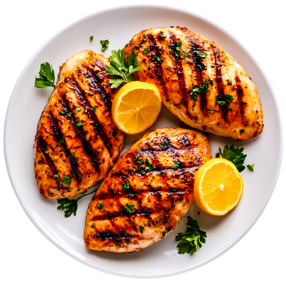Grilled Chicken Breasts Served with Fresh Lemon Slices and Garnished with Herbs png
