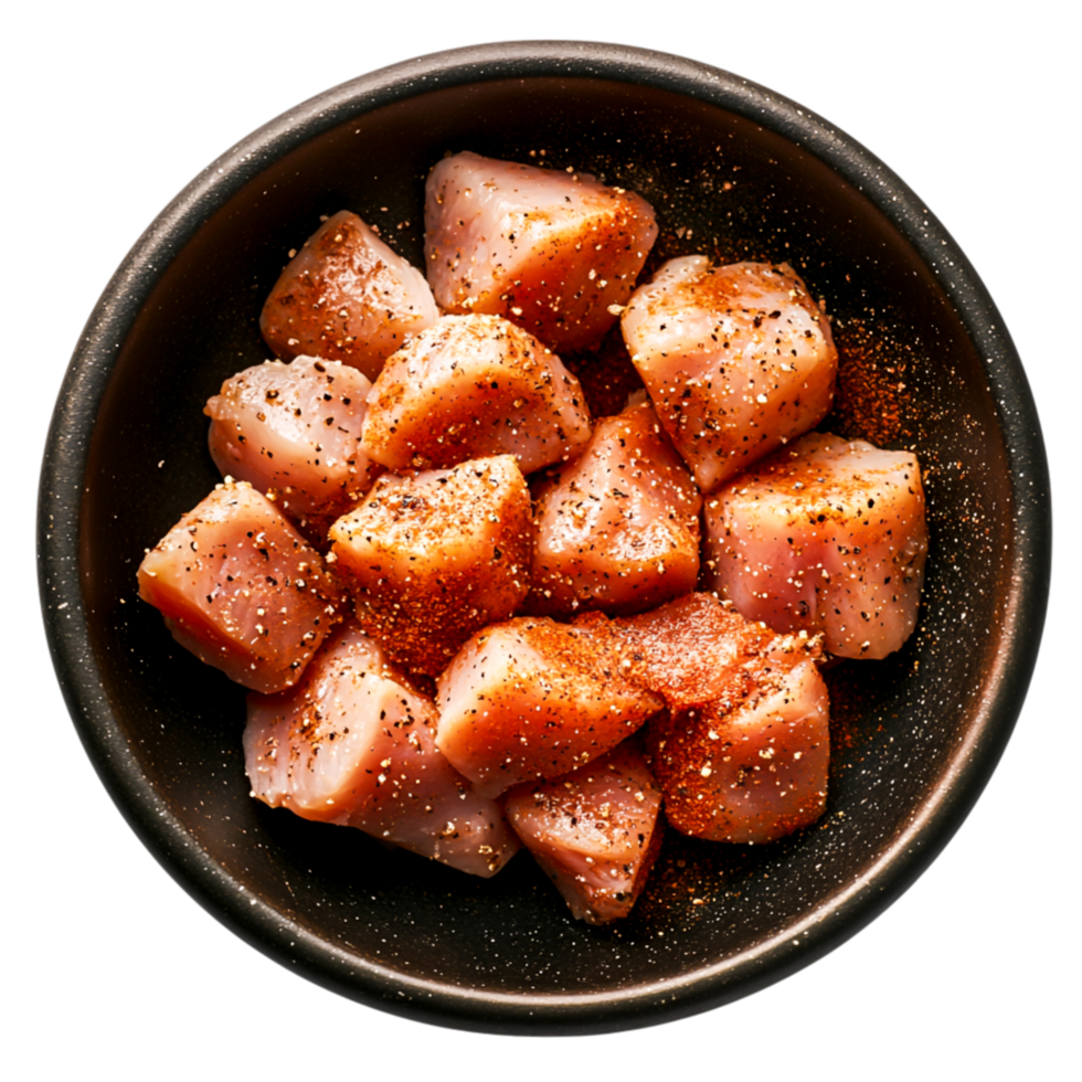 Freshly Cut Chicken Breast Chunks Seasoned with Spices in a Bowl png