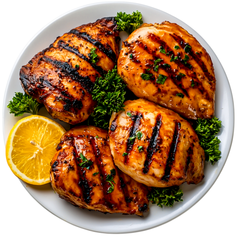 Grilled Chicken Breast on White Plate with Fresh Herbs and Lemon Slice png