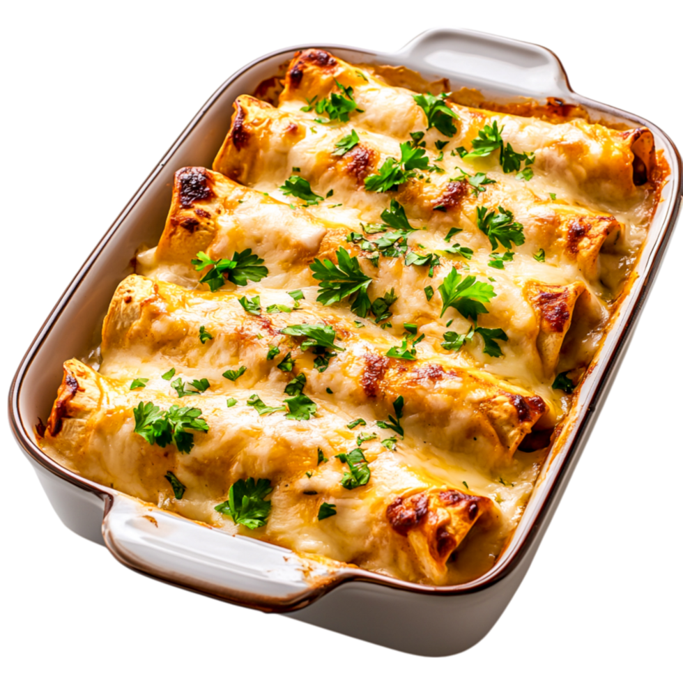 Delicious Cheesy Enchiladas Topped with Fresh Cilantro in a White Baking Dish png