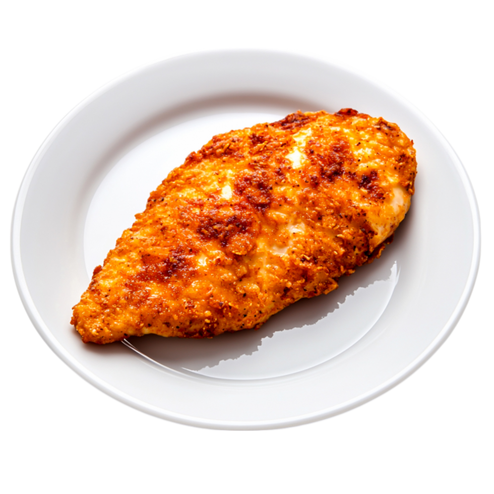 Golden crispy fried chicken breast on a white plate with crunchy coating png