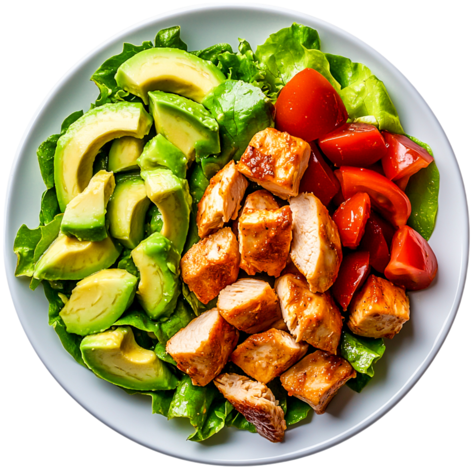 Fresh Salad with Grilled Chicken, Avocado, Tomatoes, and Leafy Greens on Plate png