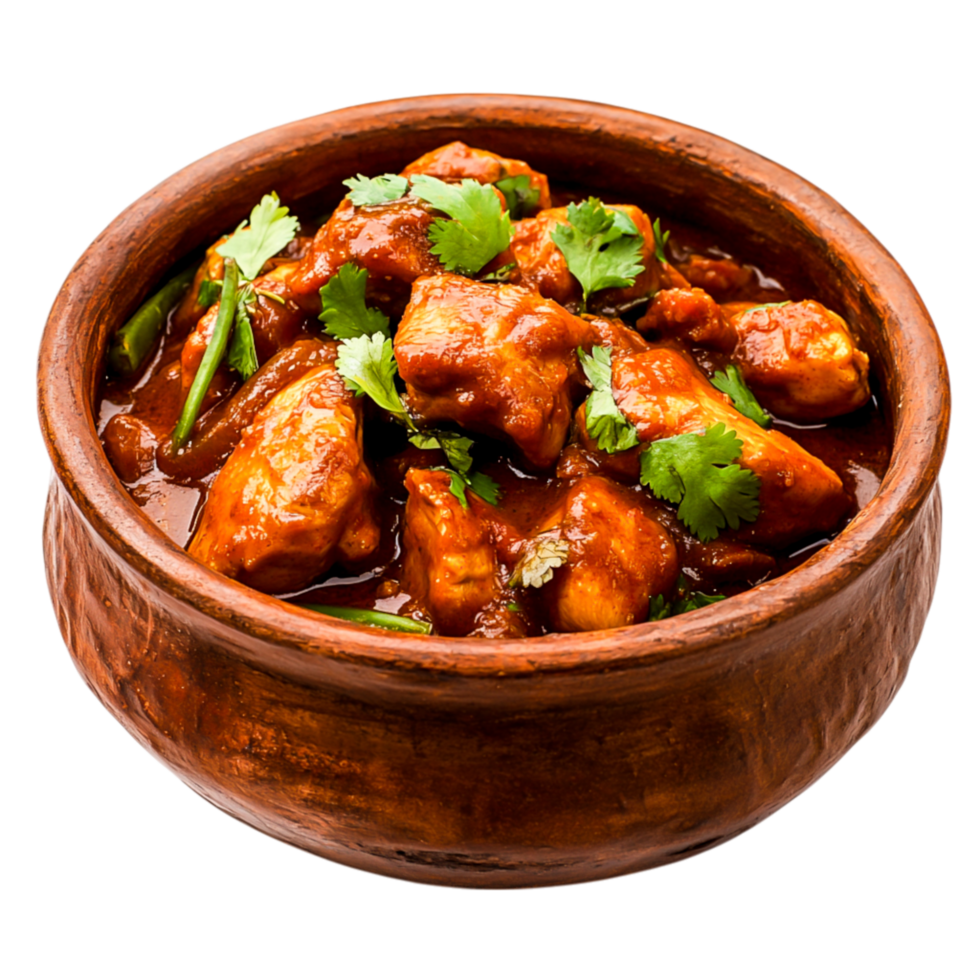 Mouthwatering Chicken Dish in Traditional Clay Pot with Fresh Herbs and Spices png