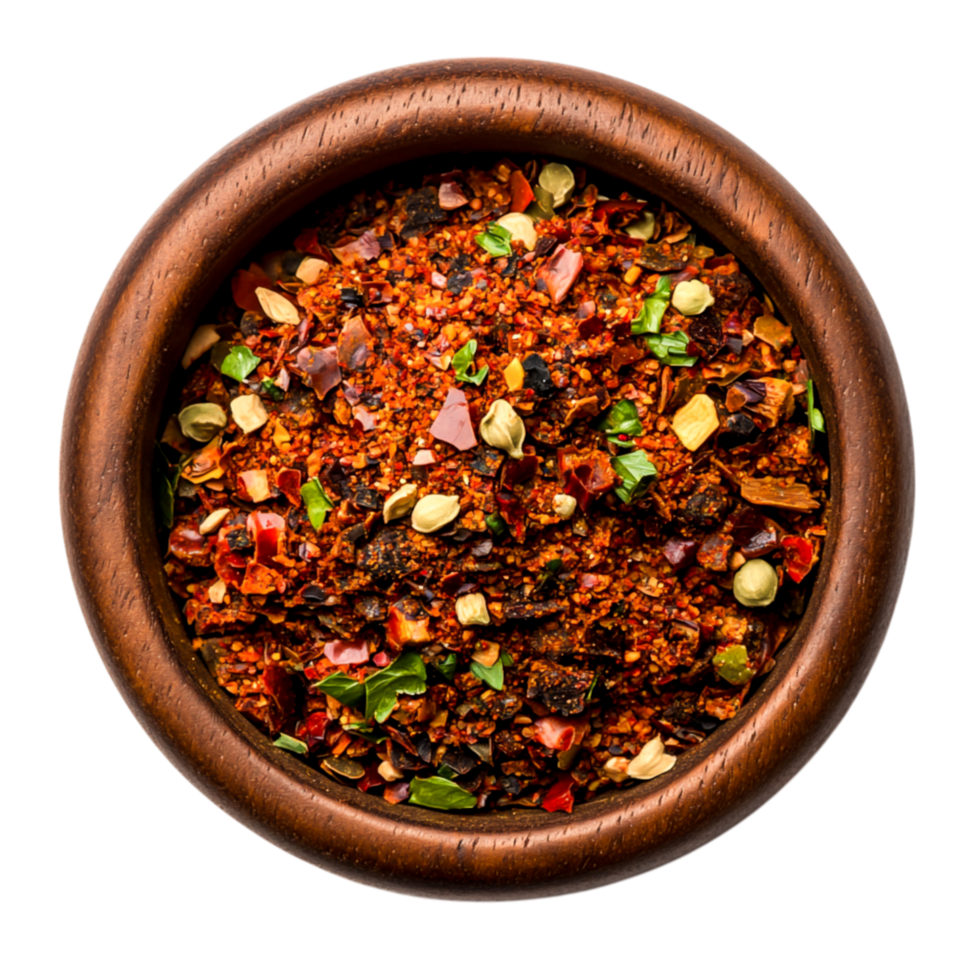 Colorful Spice Blend in Wooden Bowl with Red and Green Herbs and Seasonings png