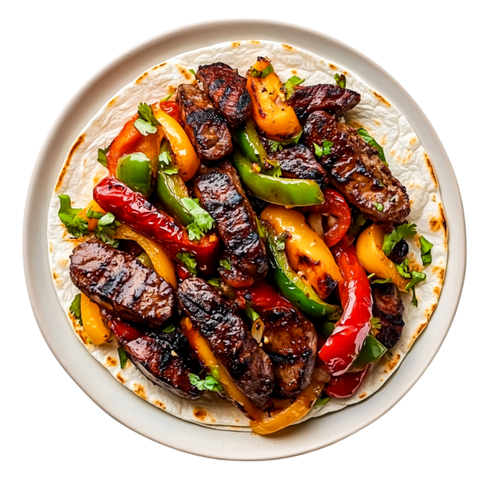 Grilled Beef Fajitas with Colorful Peppers Soft Tortilla Ready to Serve png