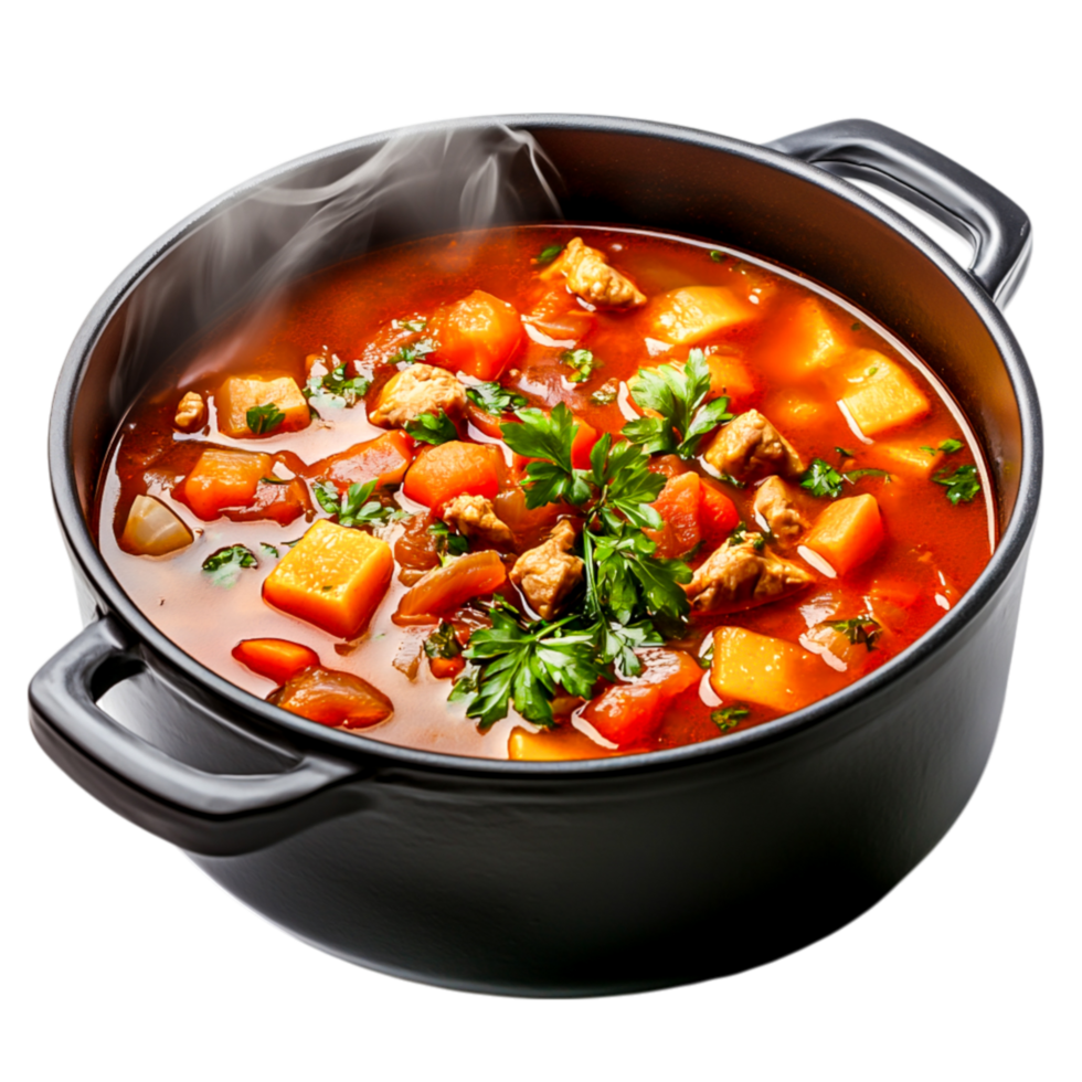 Delicious and Colorful Vegetable Soup in a Black Pot with Steam Rising Above png