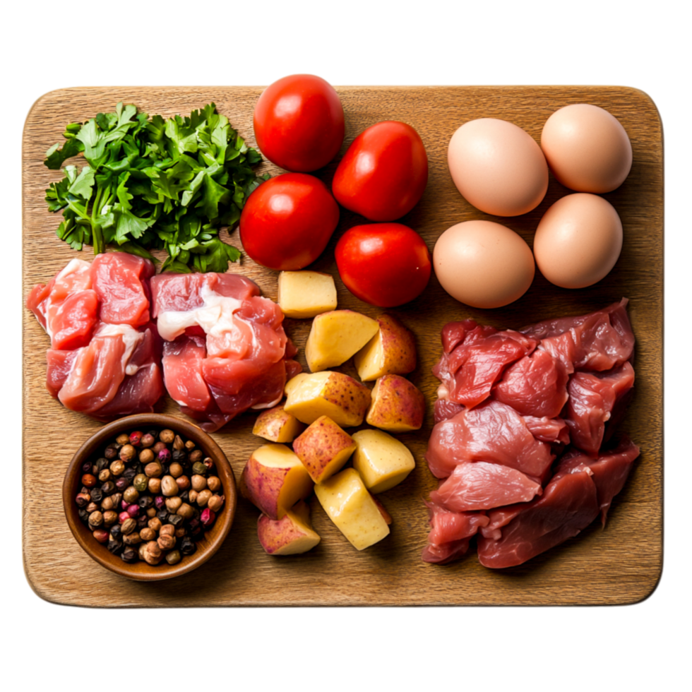 Fresh Ingredients for Cooking with Vegetables, Meat, Eggs, and Spices on Wooden Surface png