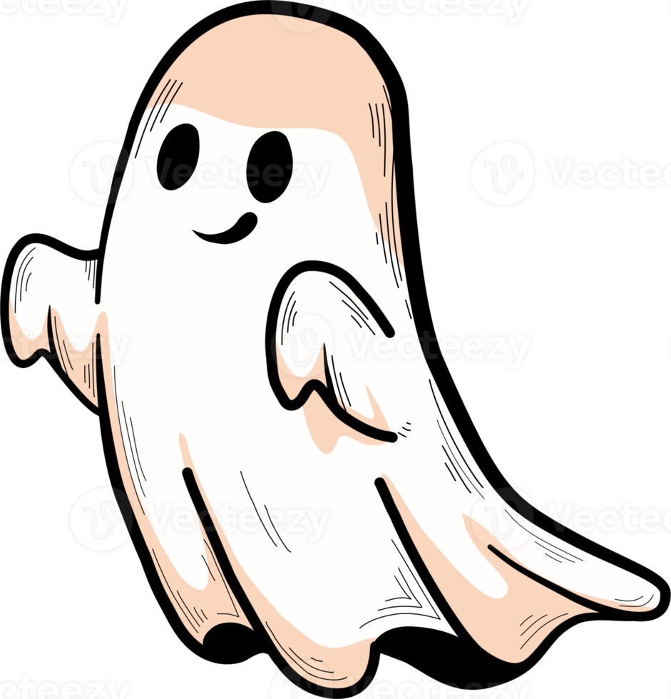 The ghost has large, oval black eyes and a small, friendly curved smile, creating a cute and approachable character rather than a scary one. png