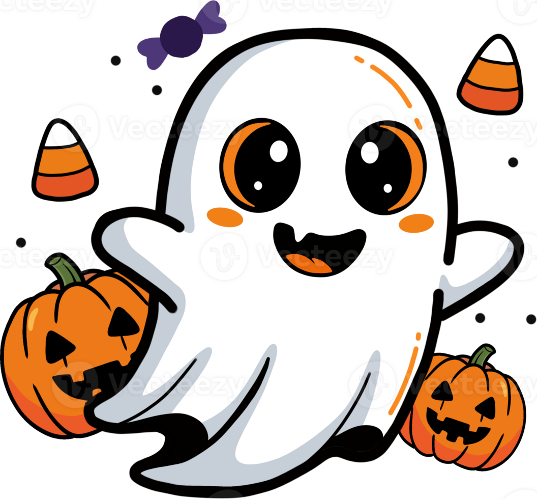 Accompanying the ghost are several black bats flying in the background and a dangling spider on a web, adding to the spooky holiday theme. png