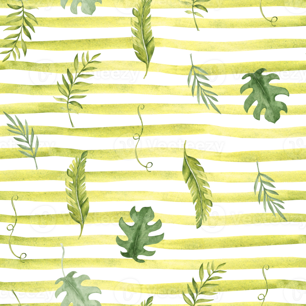 Tropical Leaves Seamless Pattern on a green yellow striped background. Palm, Eucalyptus and Monstera with Liana, horizontal Brush Strokes or Lines. Watercolor Hand drawn illustration. For packaging png