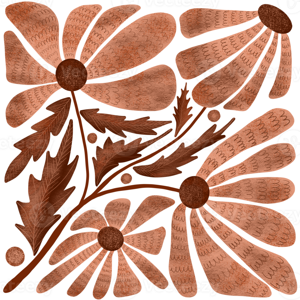 Decorative flowers in a square. Abstract watercolor illustration with brown flowers symbolizing the earth png