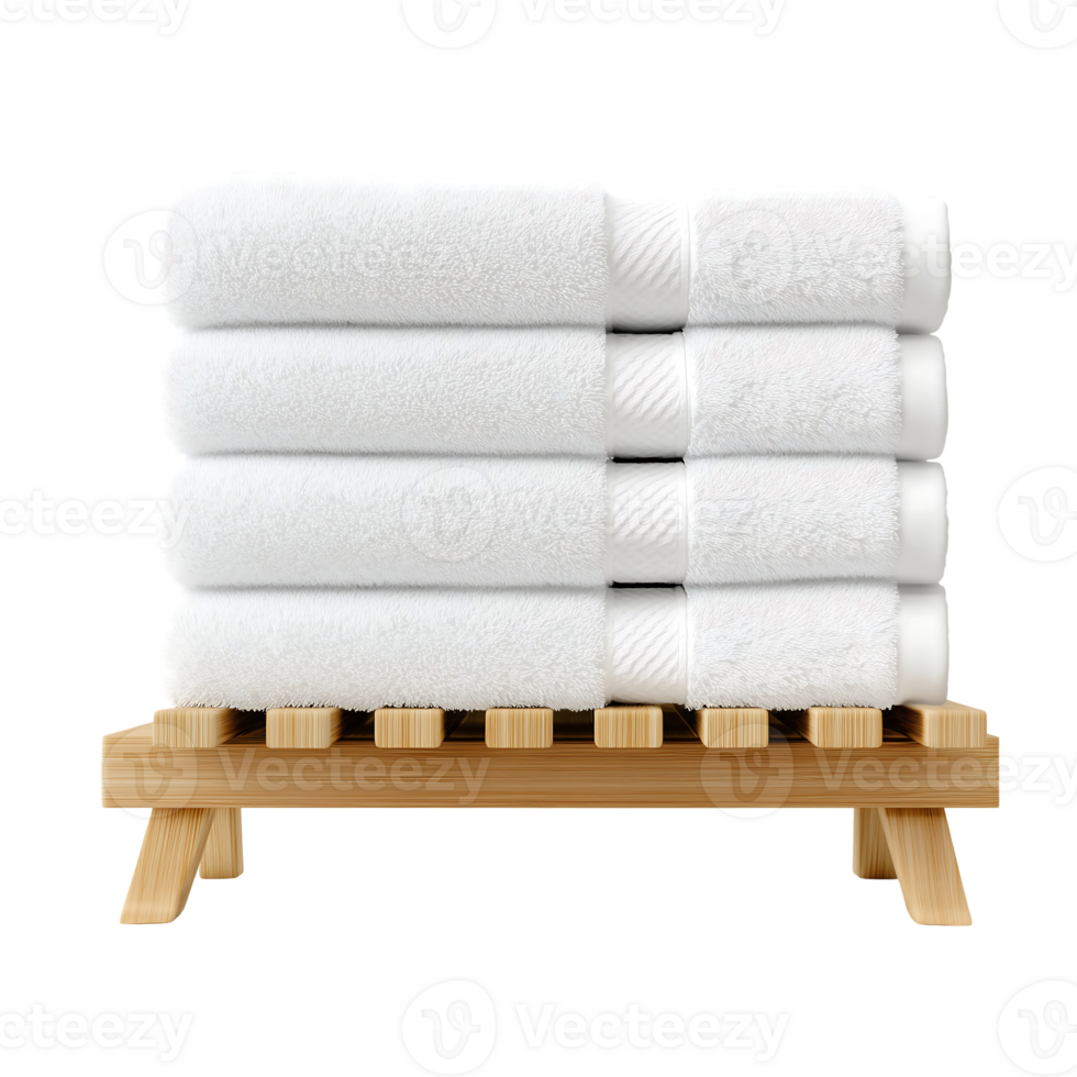 Stack of fluffy white towels on a light wooden shelf spa ready png