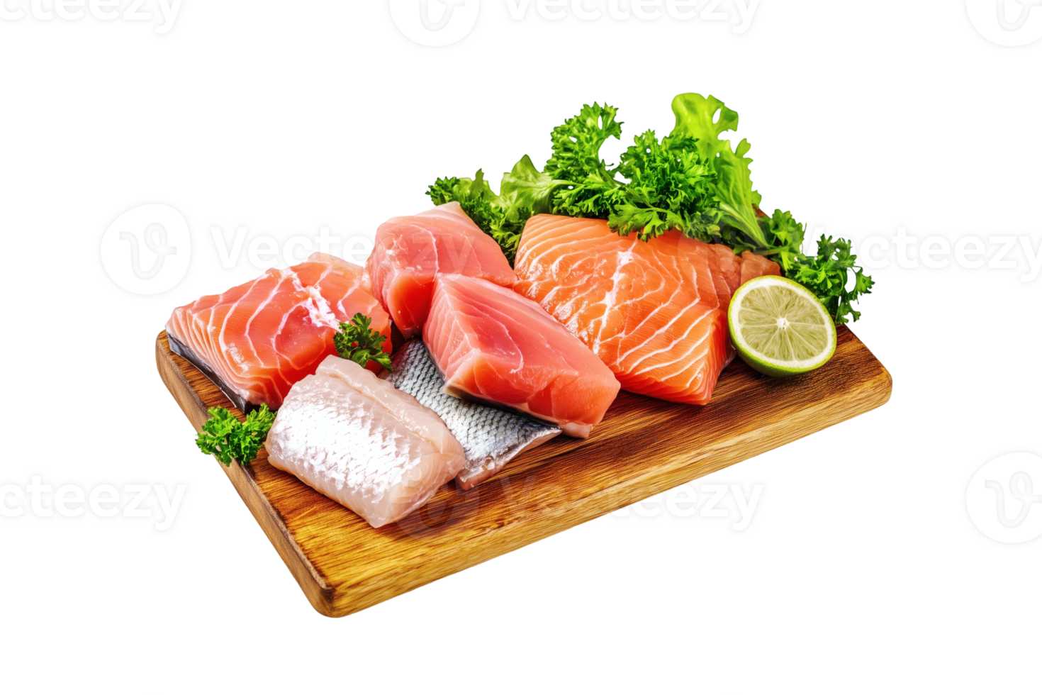 Salmon and other seafood on a cutting board png