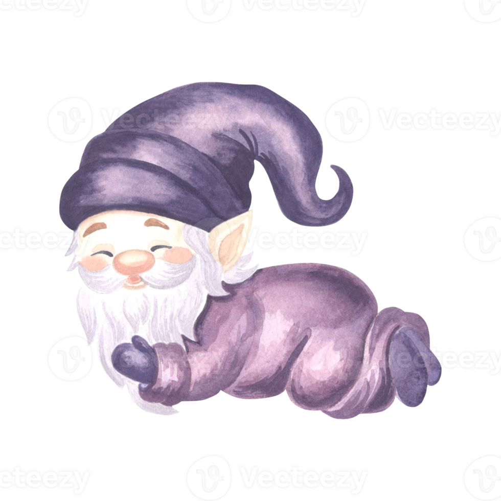 Cute sleeping gnome in purple conus hat watercolor illustration isolated. Hand drawn fairy dreams elf for baby design. Magic dwarf funny smiling character. Sticker in cozy kids style for nursery decor png