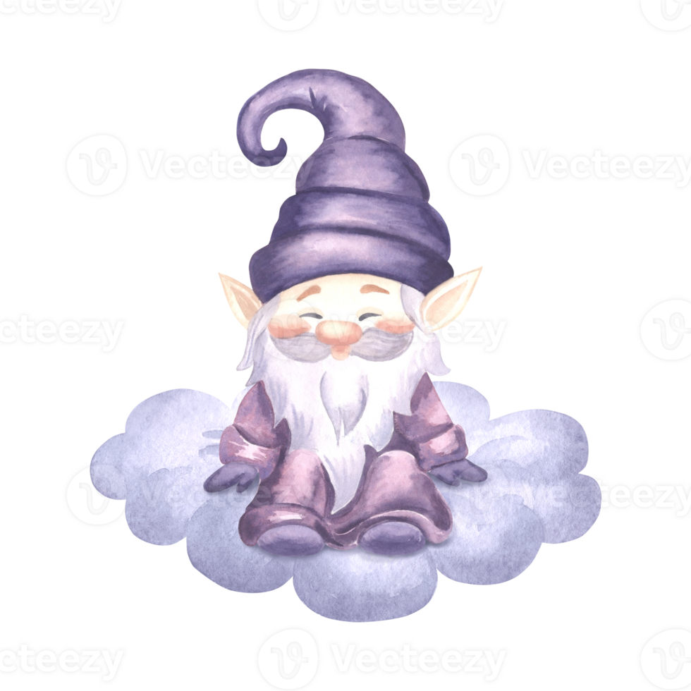 Cute gnome sitting on fluffy cloud, watercolor illustration isolated. Hand drawn funny elf from fairy dreams for baby design. Magic dwarf smiling character in cozy sketch style for childrens products. png