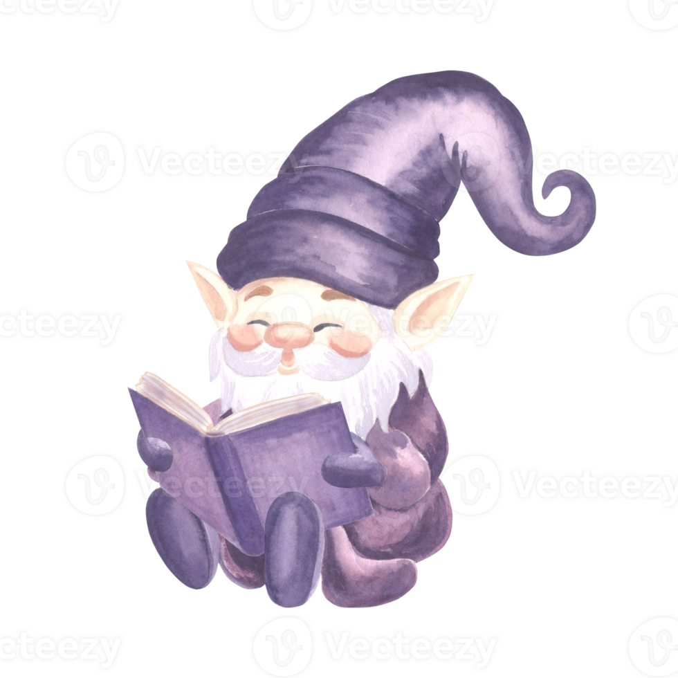 Cute little gnome reading a book watercolor illustration isolated. Hand drawn fairy dreams elf for baby design. Magic dwarf in hat funny smiling character. Sticker in cozy kids style for nursery decor png
