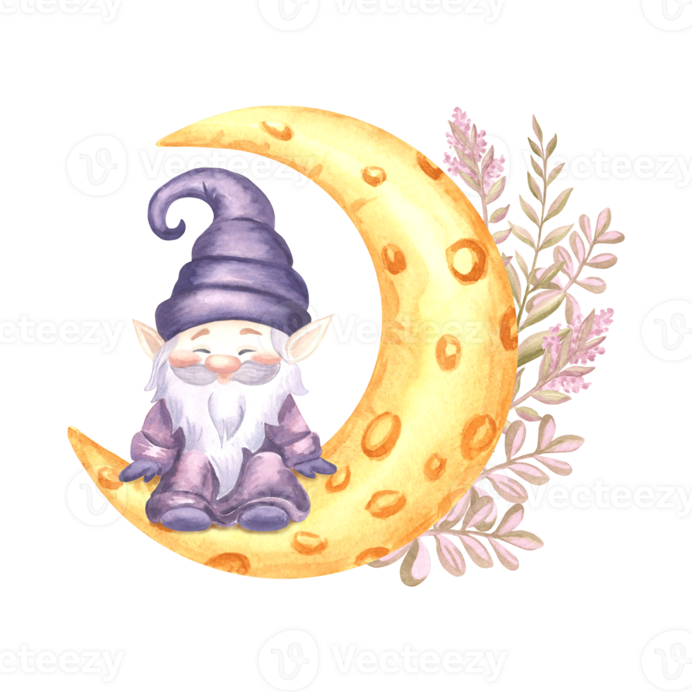 Cute gnome sitting on yellow crescent moon with flowers, watercolor illustration isolated. Hand drawn funny elf from fairy dreams for baby design. Magic dwarf smiling character for childrens products. png