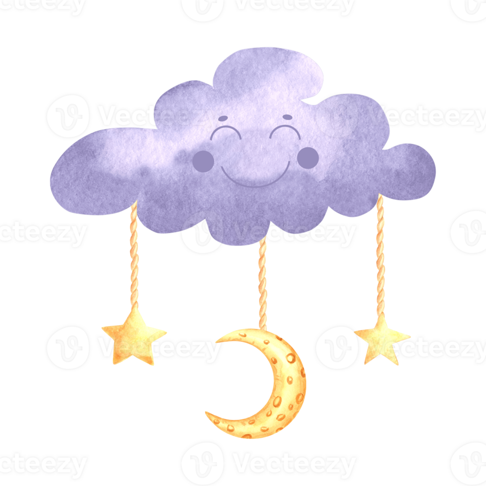Cute purple cloud with crescent moon and little stars watercolor illustration for baby desing. Funny smiling celestial character hand drawn isolated clipart. Sticker in playful kids style for nursery. png