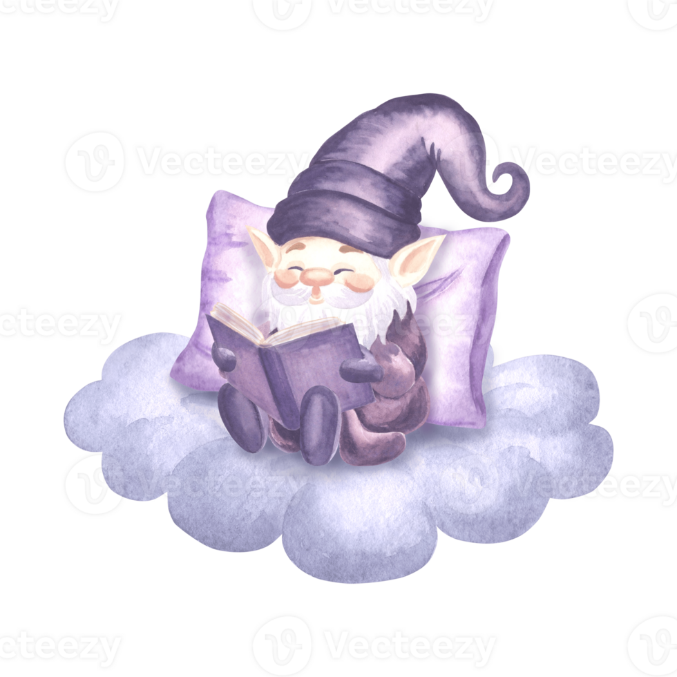 Cute gnome reading book sitting on fluffy cloud watercolor illustration isolated. Hand drawn elf from fairy dreams for baby design. Magic dwarf smiling character in cozy style for childrens designs. png
