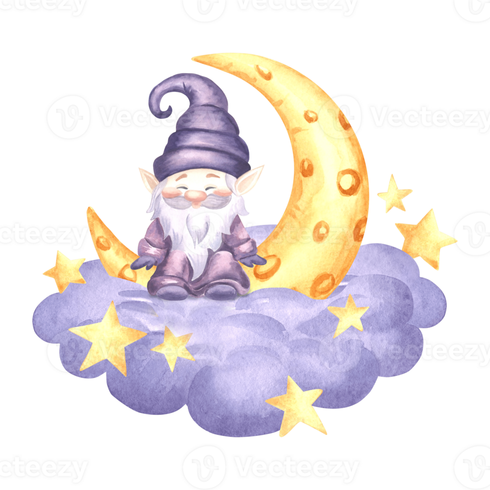 Cute gnome sitting on crescent moon in cloud with stars watercolor illustration isolated. Hand drawn funny elf from fairy dreams for baby design. Magic dwarf smiling character for childrens designs. png