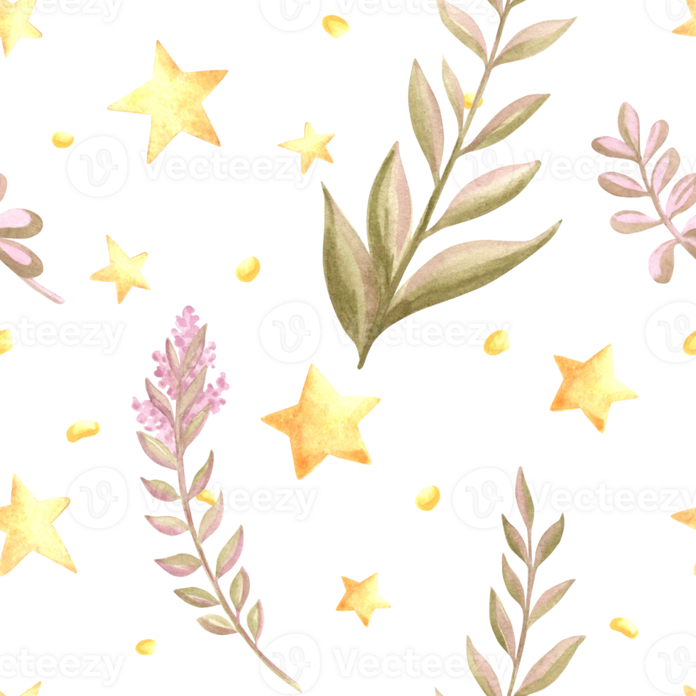 Gold stars and soft flower twigs seamless watercolor pattern for baby desings. Hand drawn floral illustration with yellow sparcle in star shape. Funny celestial background in kids fairy dreams style. png